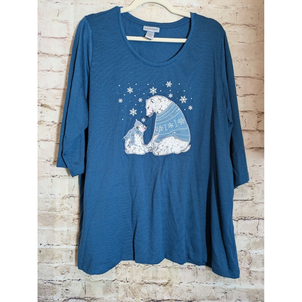 Catherine's Sweater Women's 14/16W Lightweight Polar Bear Print Teal Green